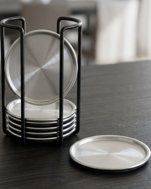 Xbvng Capsule Brushed Stainless-Steel Coasters Four Piece Silver Black with Rack - Lifestyle view