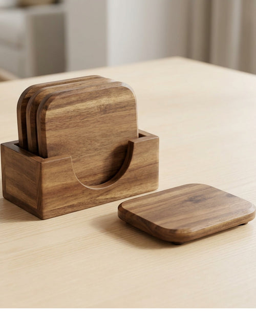 Xbvng Rounded Rectangle Acacia Wood Coasters Four Piece Walnut with Holder - Lifestyle view