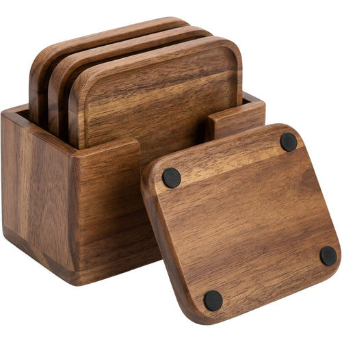 Xbvng Rounded Rectangle Acacia Wood Coasters Four Piece Walnut with Holder - Product view